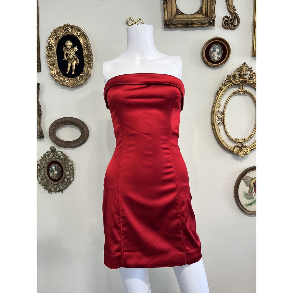 TEN Aritzia Red Satin Strapless Foldover Collar Cocktail Party Mini Dress Size 4
